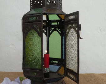 Vintage French Hanging Candle Lantern, Rustic Metal Lantern, North African Lantern, Vintage Glass Lantern, Retro Lantern, Hanging Lighting