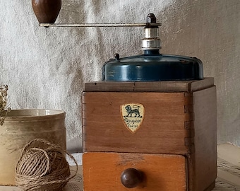 Vintage Wooden Ornamental Coffee Grinder With Blue Detailing by Peugeot