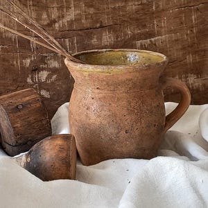 French Antique Stoneware Jug with Ochre Glazed Interior, Rustic, Country and Farmhouse Interiors