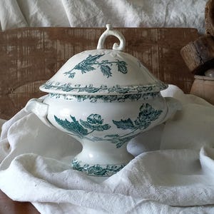French Antique Ironstone Tureen with Green Floral Transferware, Serving Bowl with Lid