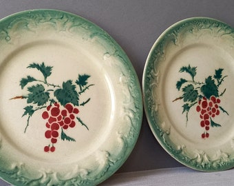 Pair antique plates, ironstone red berry plates with fruit patterns, French vintage plates, country home kitchen decor