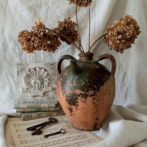 French Antique Stoneware Terracotta Oil Jar, Rustic Green Glazed Pottery, Primitive Decor