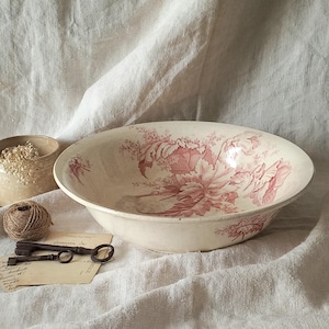 Antique French White Ironstone Bowl Wash Basin with Pink Floral Pattern