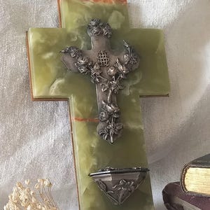 French Antique Benitier Holy Water Font, Onyx Crucifix Catholic Memorabilia