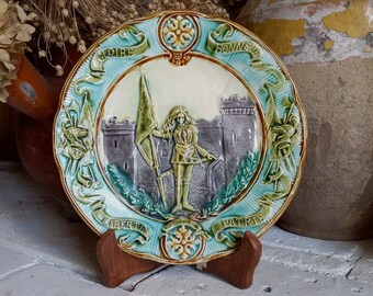 Decorative majolica plate, Antique French Joan of Arc collectible wall plate with patron saint of France