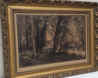 Antique charcoal landscape with trees drawing in Frame, French landscape art