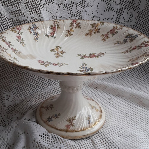 French Vintage Ironstone Compote with shops Floral Transferware Pattern, Shabby Chic Fruit Bowl