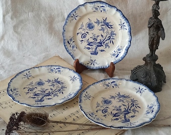 Small Antique White Ironstone/Earthenware Ornamental Plates with Blue Floral Patterns