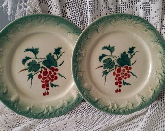 Pair antique ironstone red berry plates with fruit patterns, French vintage plates, country home kitchen decor