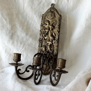 French Antique Bronze Candle Holder Sconce for 3 Candles, Decorative Wall Mounted Candelabra