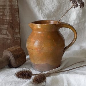 French Antique Pottery Jug, Rustic Interior, Country and Farmhouse Style, Stoneware Pitcher
