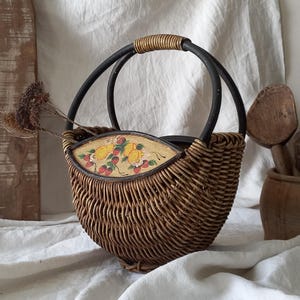 French Vintage Wicker Shopping Basket: Hand-Painted Fruit Decor