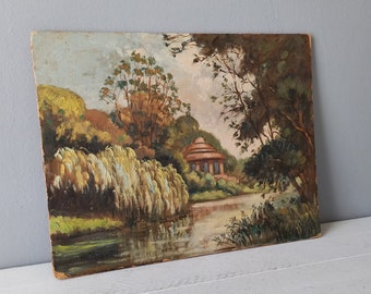 peinture de paysage vintage, art français original, peinture de rivière avec des saules pleureurs et un pavillon, art mural vintage de France