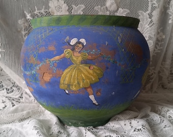 French antique pottery pot with hand painted dancing girls or women, shabby chic pottery