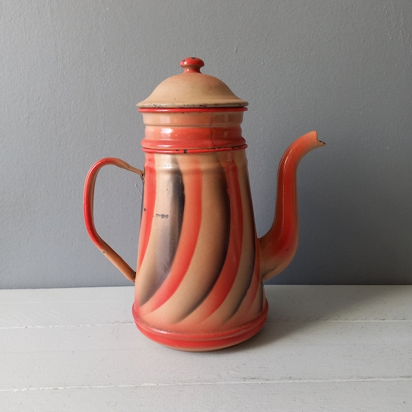 Vintage enamel coffee pot from France, red and pink cafetiere, French vintage shabby chic kitchen.