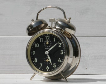 Kienzle vintage alarm clock, chrome alarm clock, desk top clock, retro alarm clock, black alarm clock, unique gift, large alarm clock