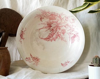 ピンクの花柄が入ったフランス製アイアンストーンの大型ボウル、アンティーク洗面台、1900年頃