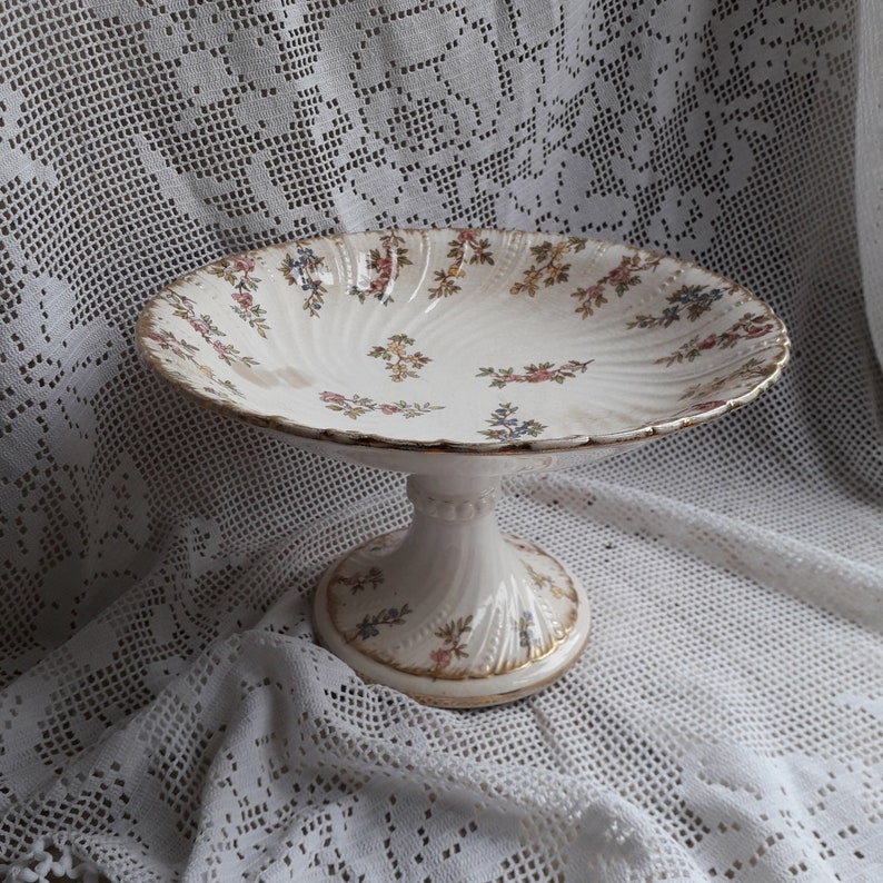 French Vintage Ironstone Compote with shops Floral Transferware Pattern, Shabby Chic Fruit Bowl