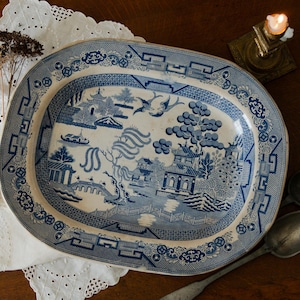 HUGE Antique Ironstone Plate Platter with Blue Willow Transferware Pattern, Country Home, Farmhouse Decor