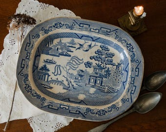 HUGE Antique Ironstone Ornamental Platter with Blue Willow Pattern