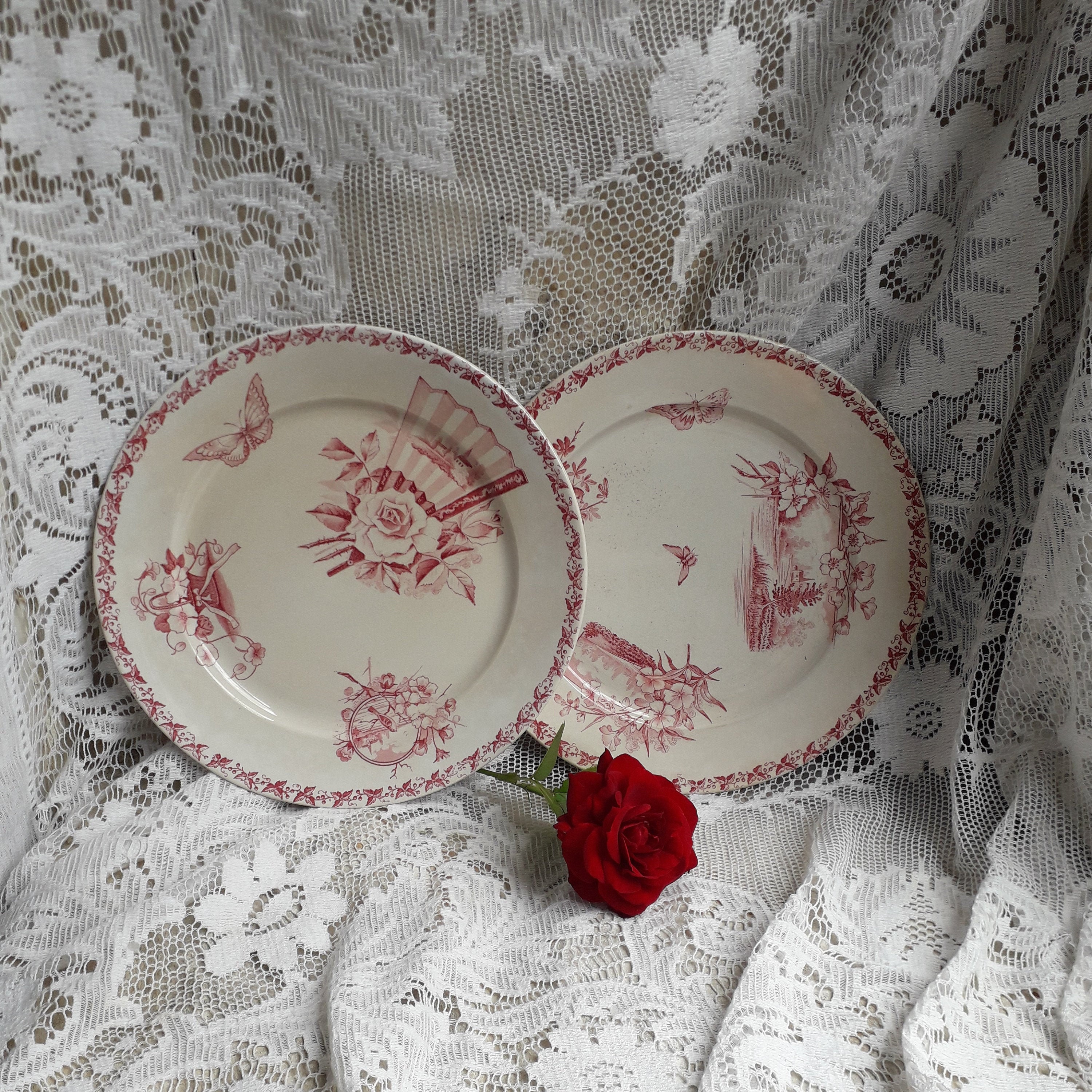 Paire Petites Français Plaques de Fer Vintage ou Antiques avec Motif Transfert Rose Papillons, Oisea