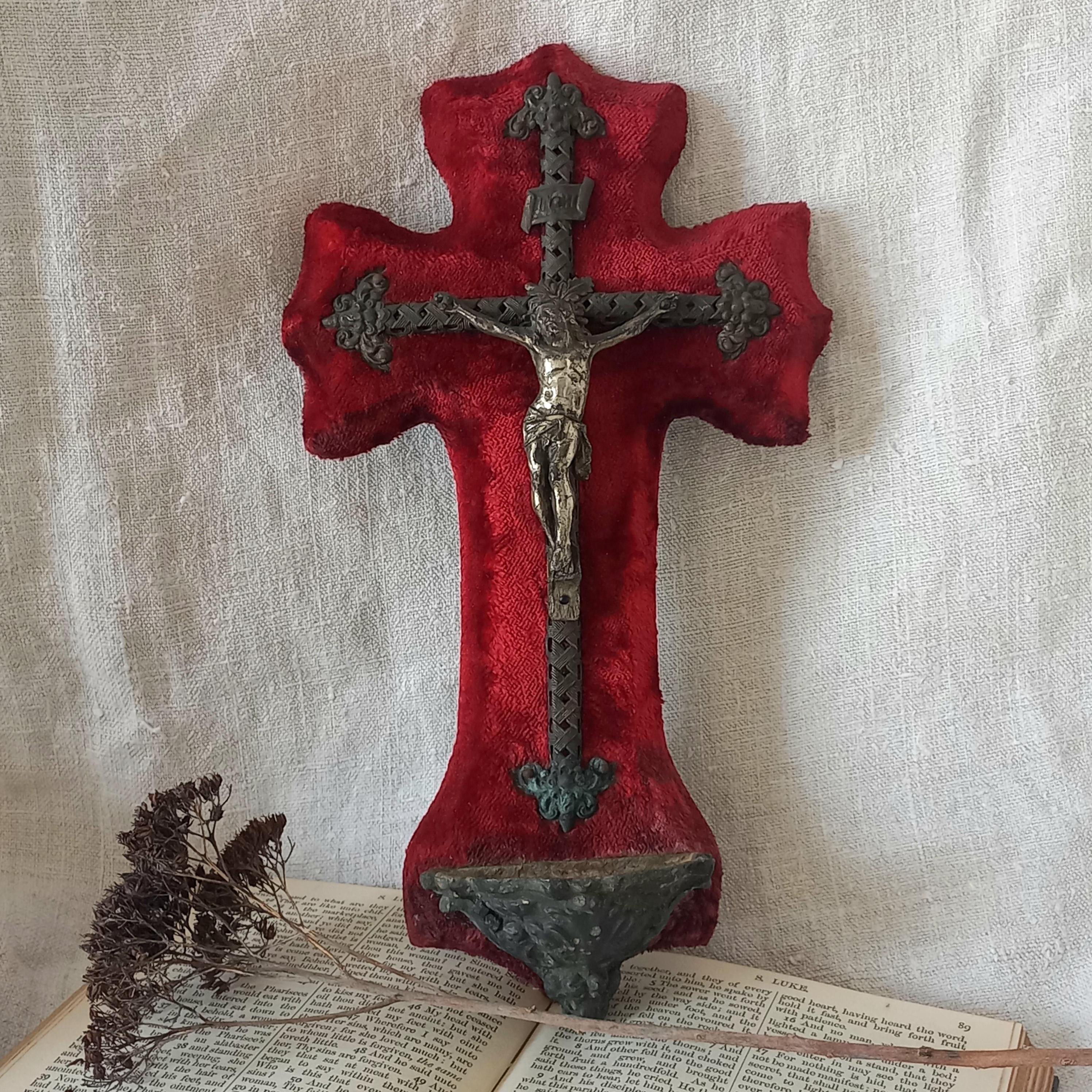 French Antique Crucifix with Holy Water Font, Roman Catholic, Christianity, Benitier