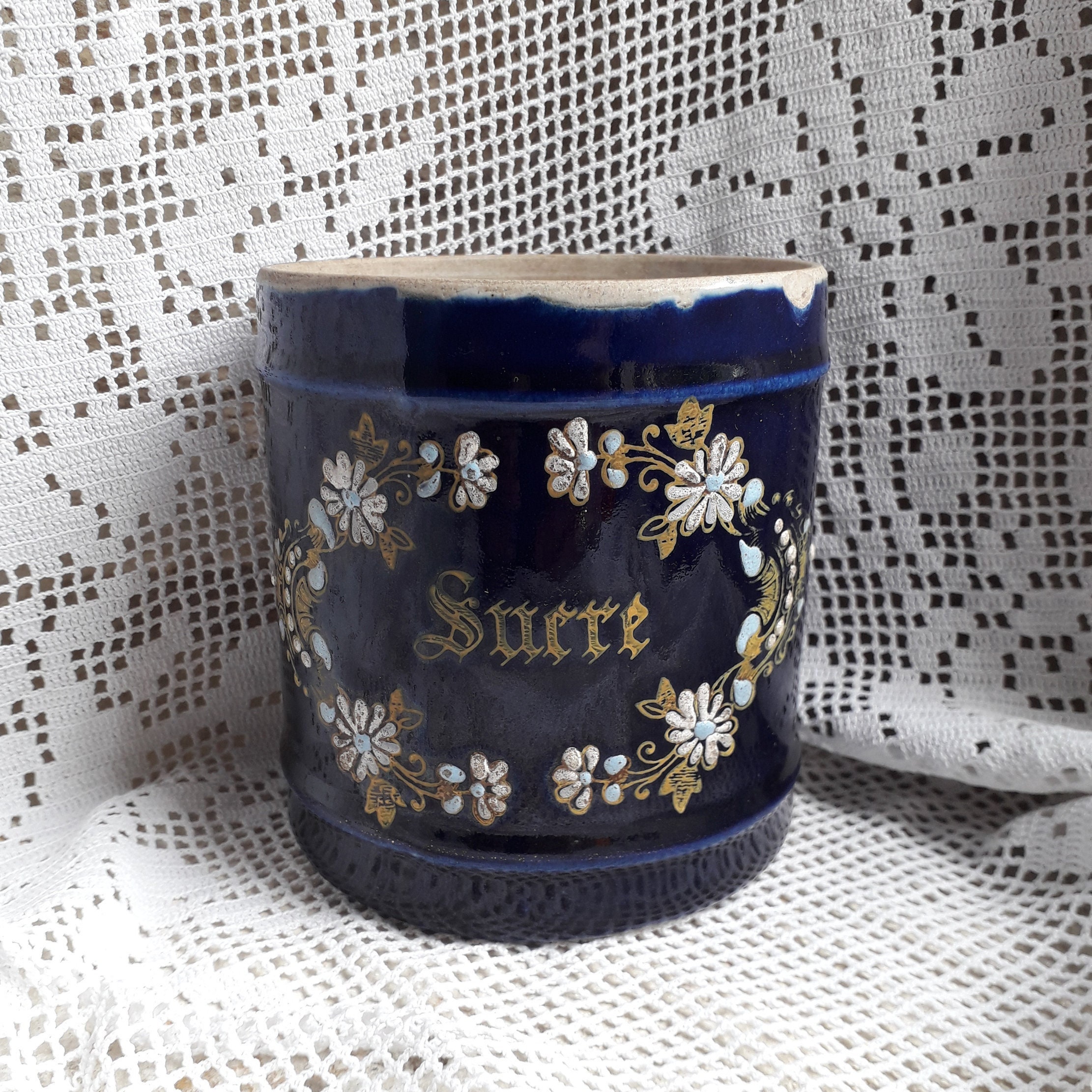Français Pot de Bidon en Céramique Sans Couvercle Antique Bleu Cobalt avec Des Fleurs Peintes à La M