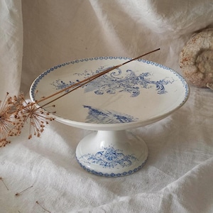 French Antique Footed Ironstone Cake Plate, White and Blue Fruit Dish