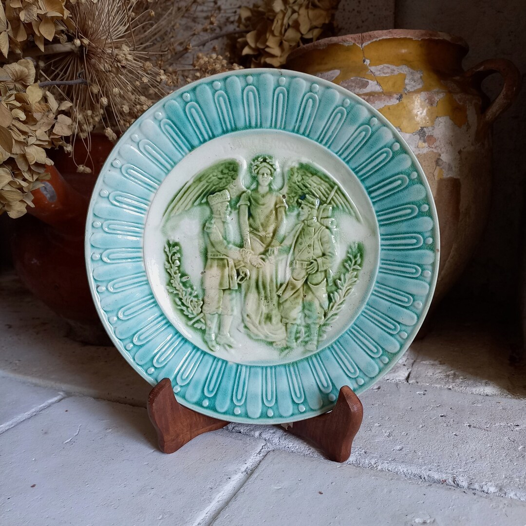 French Antique Decorative Majolica Military Plate Etsy