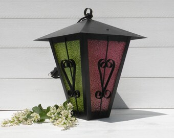 Small French Vintage Metal Hanging Lantern with colored glass panels, Vintage Rustic Lantern, Country Home, Hanging Light Coloured Glass
