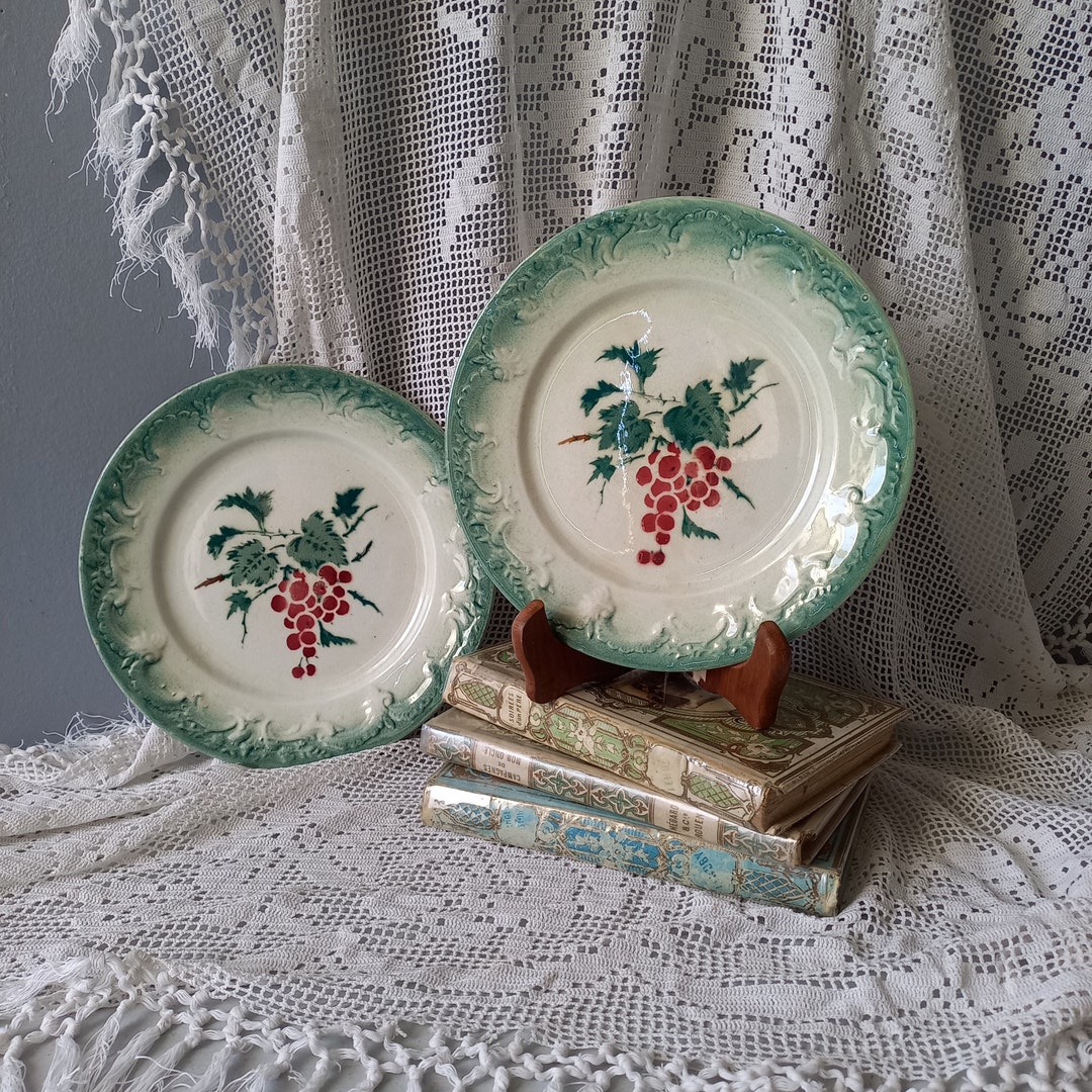 Pair French Ironstone Plates With Fruit Patterns, Antique Decorative