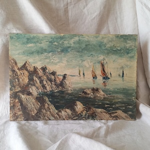 French Vintage Seascape Oil Painting, Sailing Boats Art, Nautical Decor