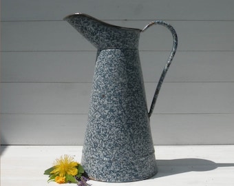 French Vintage Enamel Water Pitcher Blue and White, Vintage Graniteware Jug, French Farmhouse Decor, Shabby Chic, Vintage Tall Pitcher