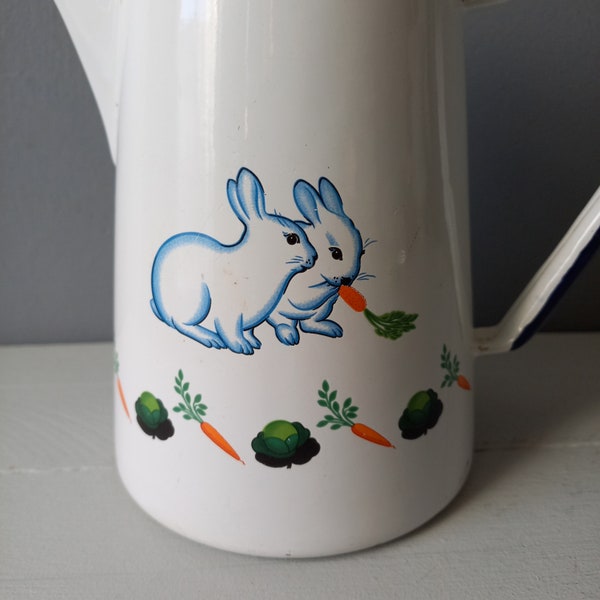 Vintage enamel rabbit coffeepot, French white cafetiere, country home kitchen decor