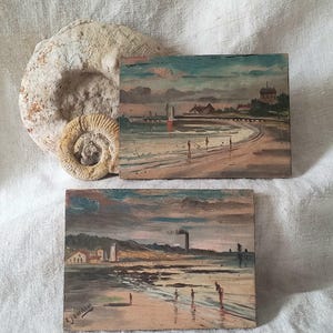 Pair of Miniature Coastal Beach Oil Paintings, Small Wall Art, Table and Shelf Decor