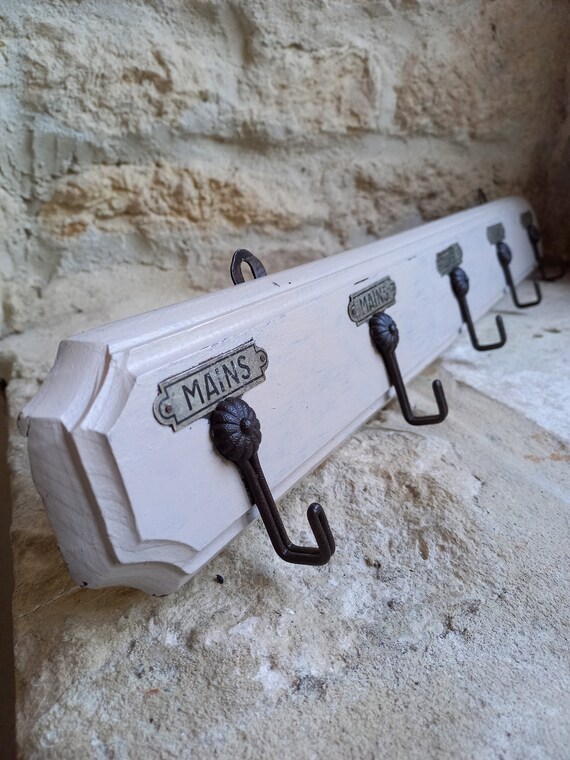 French Vintage Wooden Kitchen Towel Rack With 5 Hooks Shabby Etsy