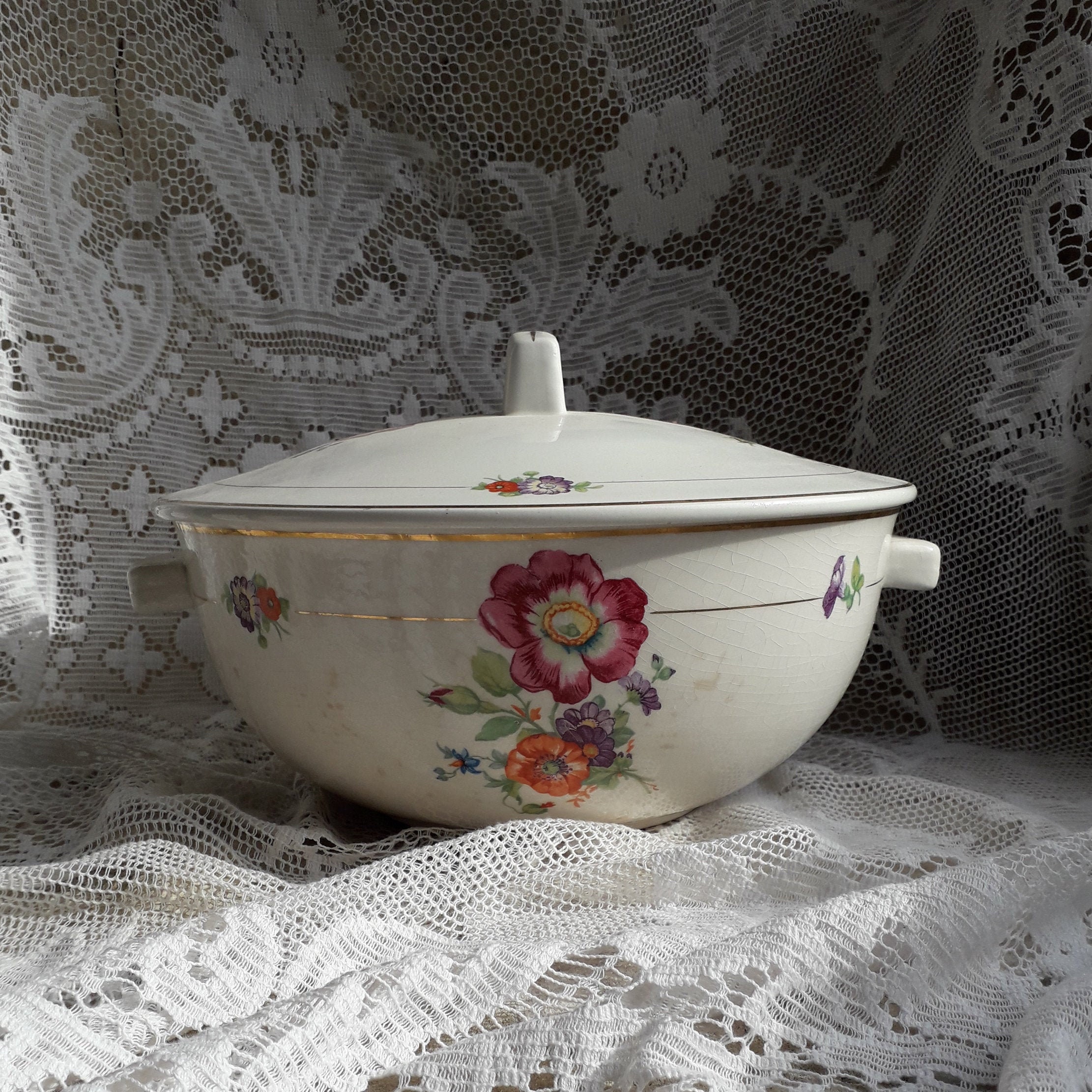 Français Vintage Tureen avec Motif de Transfert Floral Par St. Amand Hamage Orchies France