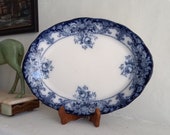 English Antique Ironstone Porcelain Oval Flo Blue Serving Plate with Blue Floral Transferware Pattern, Semi Porcelain Serving Platter