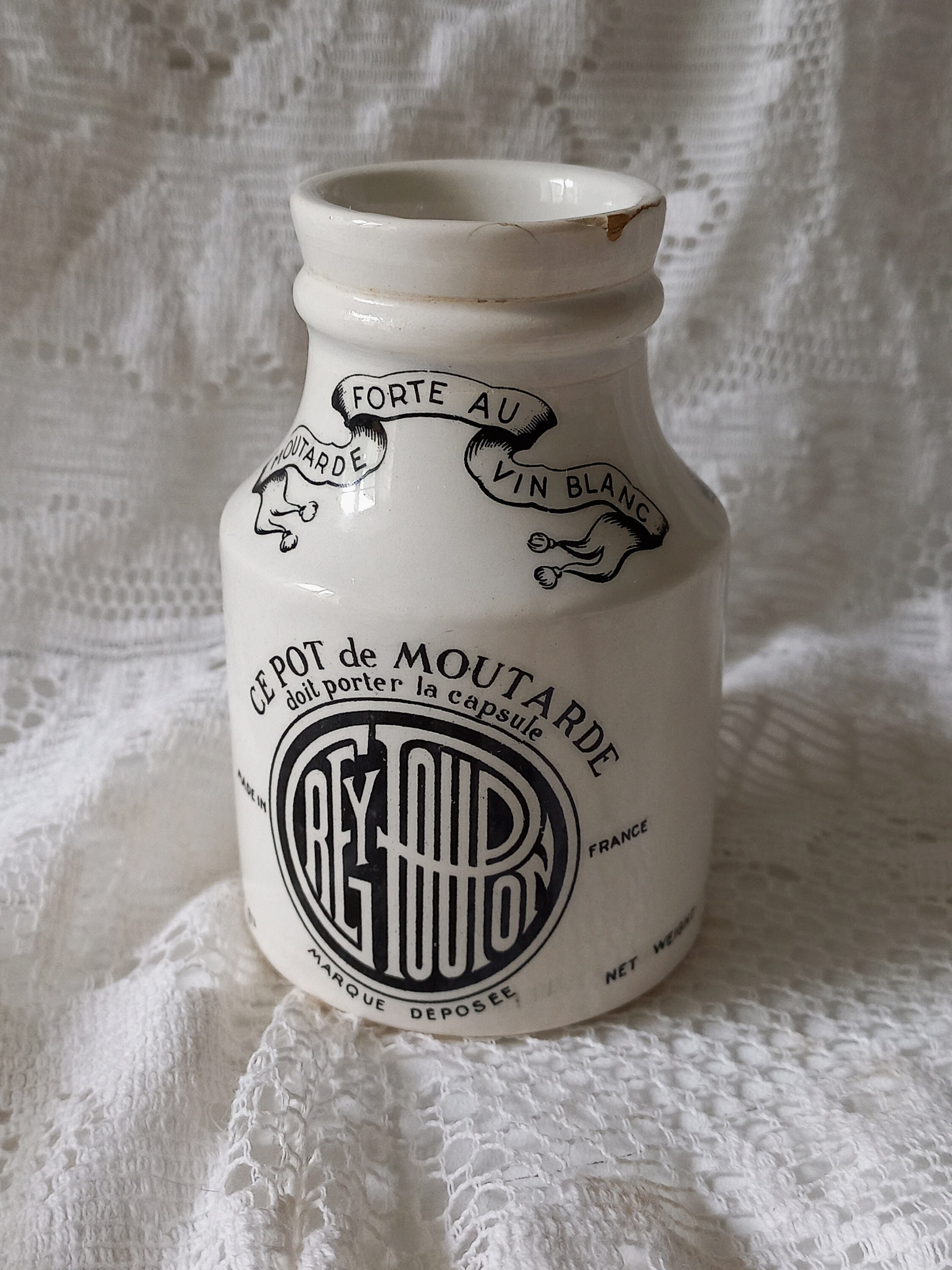 Petit Français Pot de Moutarde Antique en Pierre Fer Blanche Pour Poupon Gris Dijon Par Sarreguemine
