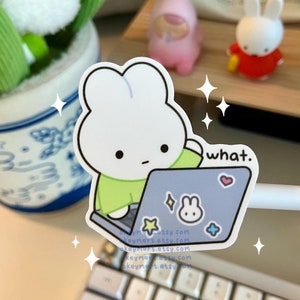 cute white bunny in a green shirt typing on the laptop keyboard confused about a work email and saying what