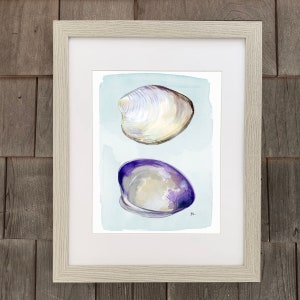 May include: A framed watercolor print featuring two seashells. The top shell is white and cream, while the bottom shell is purple and white. The background is a light blue wash. The frame is a light gray color.
