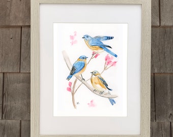 Trois merles bleus, impression emmêlée (cadre non inclus)