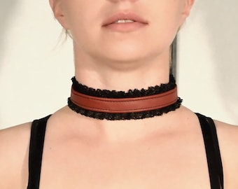 Red Leather and Black Lace Choker