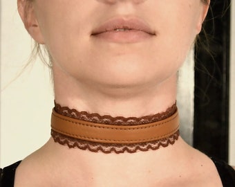 Brown Leather and Lace Steampunk style Choker