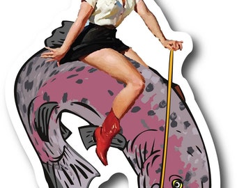 May include: A woman wearing a cowboy hat and red boots is riding a large pink fish. She is holding a yellow rope in her right hand.