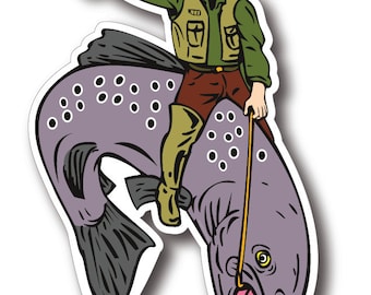 May include: A cartoon illustration of a person wearing a green shirt, brown pants, and a brown hat riding a purple fish. The person is holding a fishing rod in their right hand.
