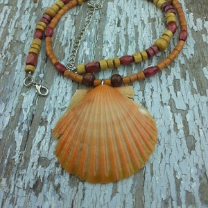 Sale on shell necklace, orange scallop shell, multi colored wood beads, adjustable length necklace, beach jewelry, nautical necklace