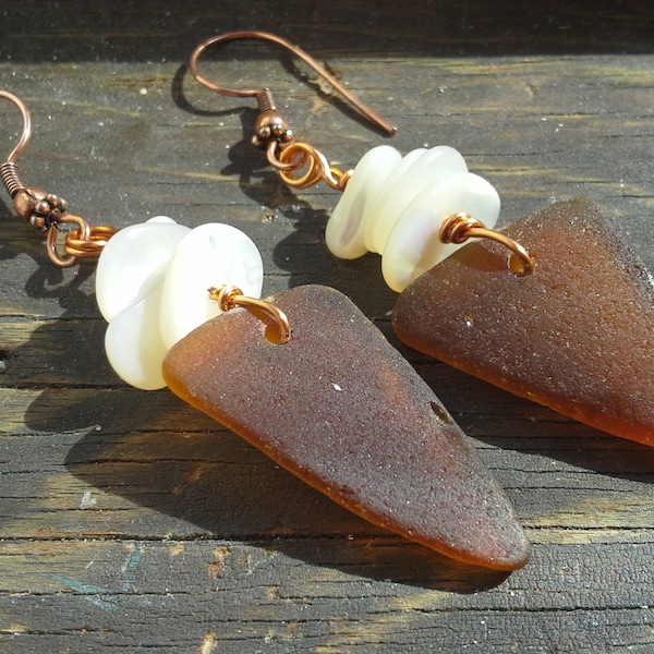 Amber seaglass earrings, sea glass and white shell earrings, dangle earrings, beach jewelry, tribal style earrings, primitive earrings,boho