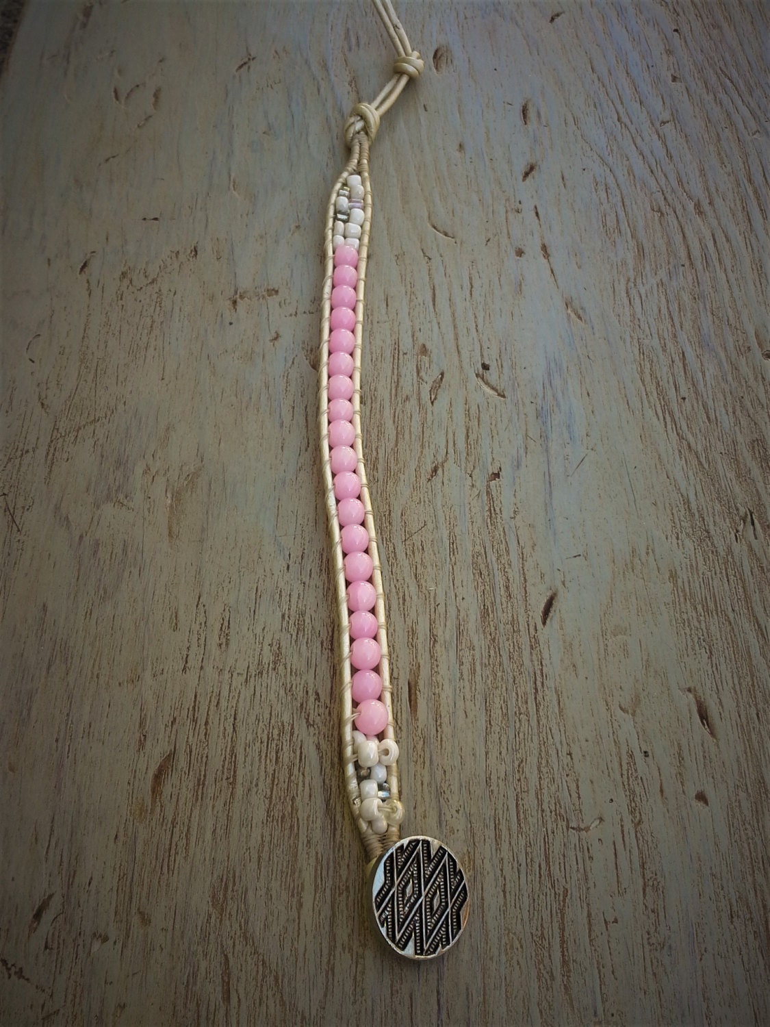 Single Wrap Pink Glass Beads With White Leather Cord Bracelet - Etsy