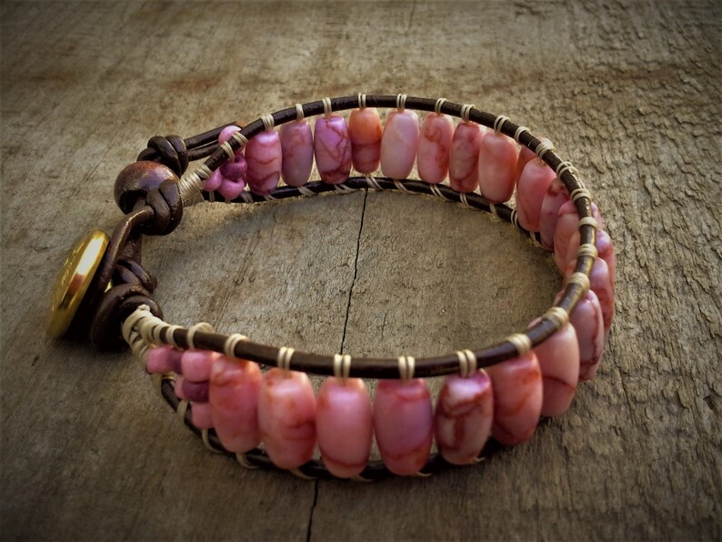 Single Wrap Brown Leather Cord Bracelet With Pink Speckled Tube Beads